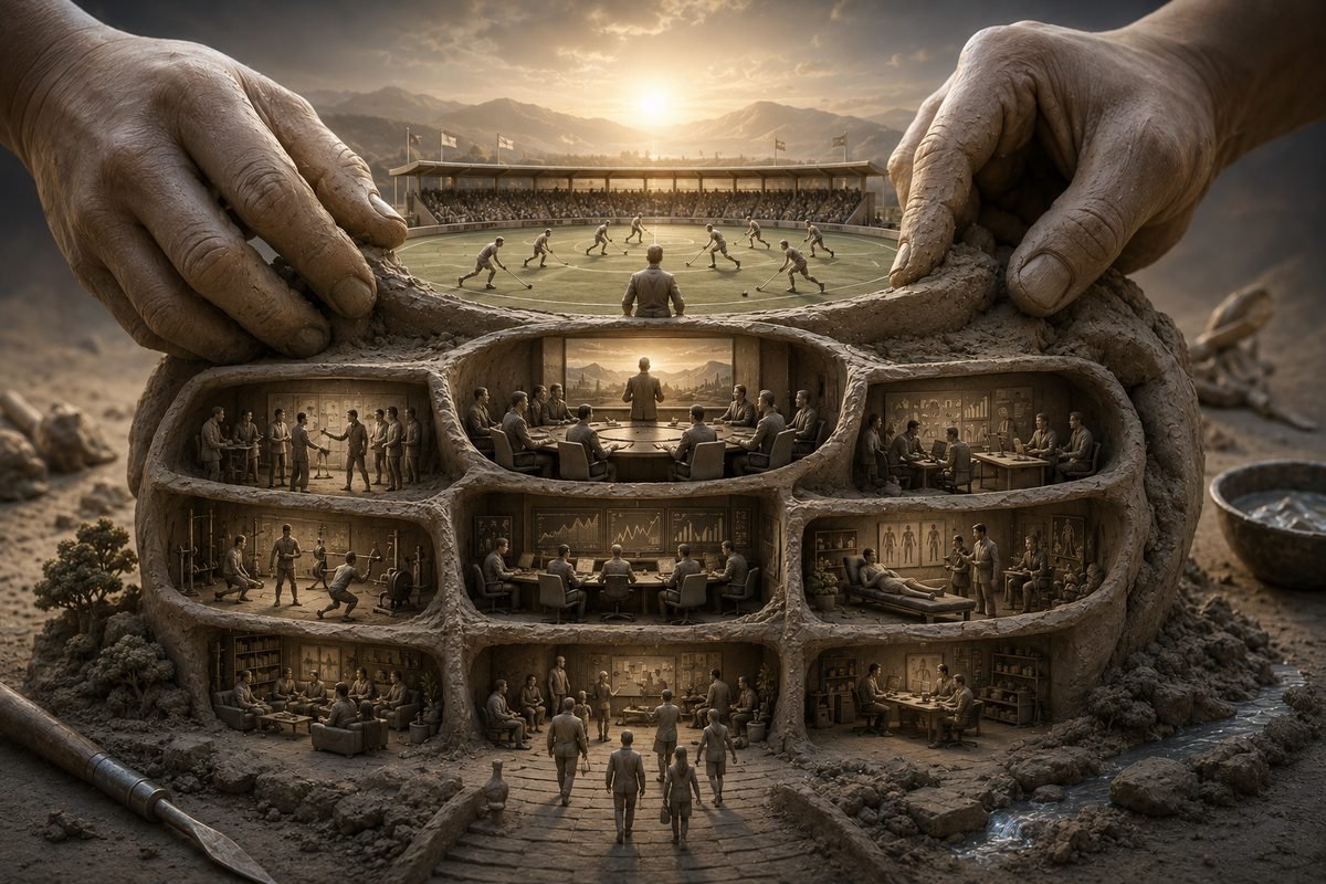 A sporting organisation seen as one complete structure — the pitch above ground, everything that sustains it built beneath.